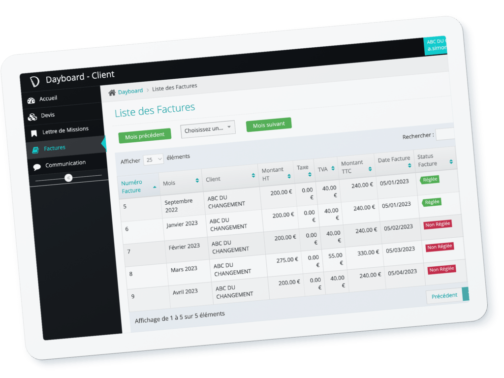 Tablette montrant la liste des Factures Dayboard